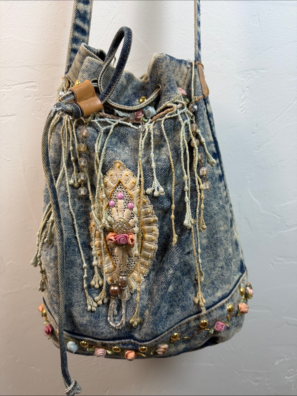 Vintage Denim Embroidered Bead Drawstring Crossbody Bag - Blue, Pink, Gold